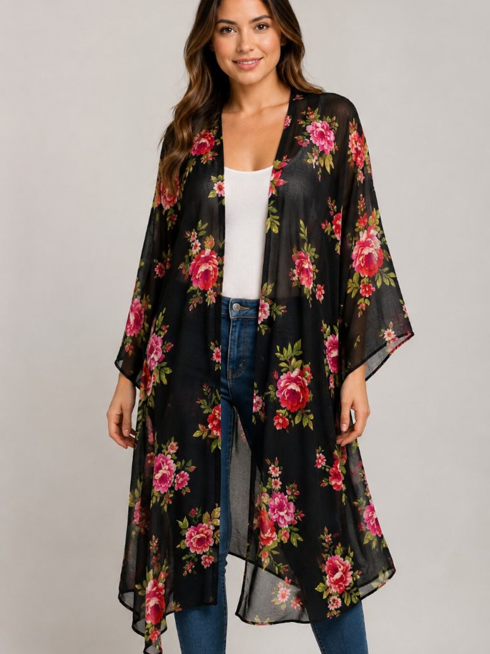 Ambiance L Black Sheer Floral Kimono Duster Open Front Boho Cardigan
